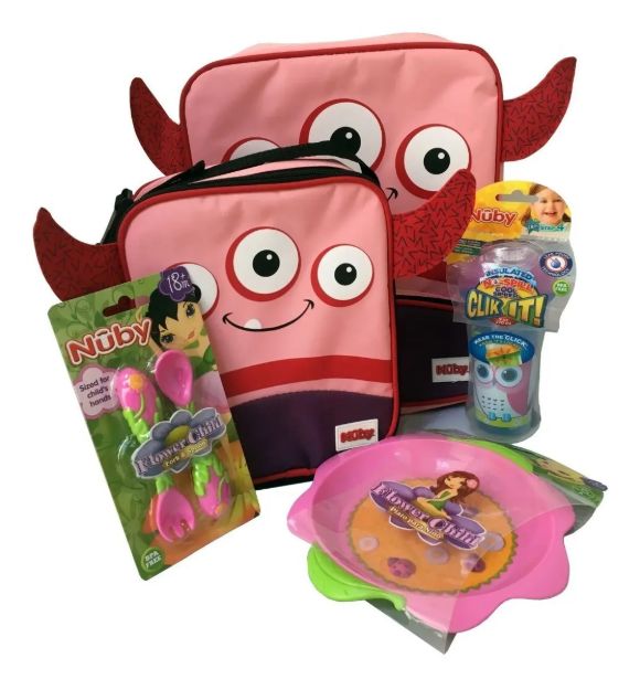 Imagen de Pack regalo plato, cubiertos, vaso antivuelco, mochila, lanchera
