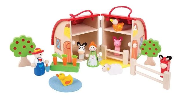 Imagen de Casa granja de madera con granjeros y animales Bigjigs