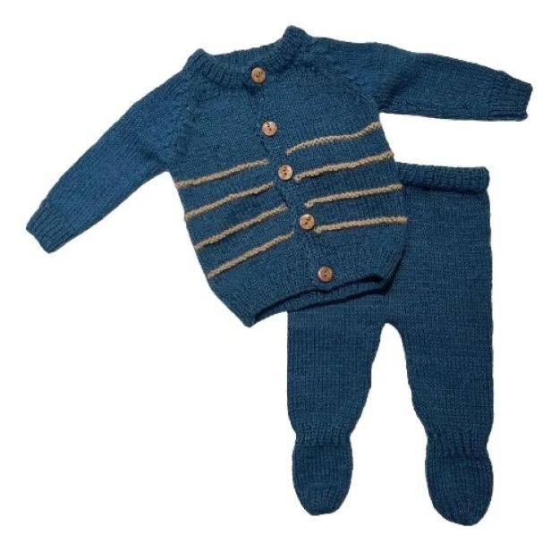 Imagen de Conjunto Tejido A Mano Saco Y Pelele Con Pie Hipoaler Bebes  - Azul - 0-3 meses