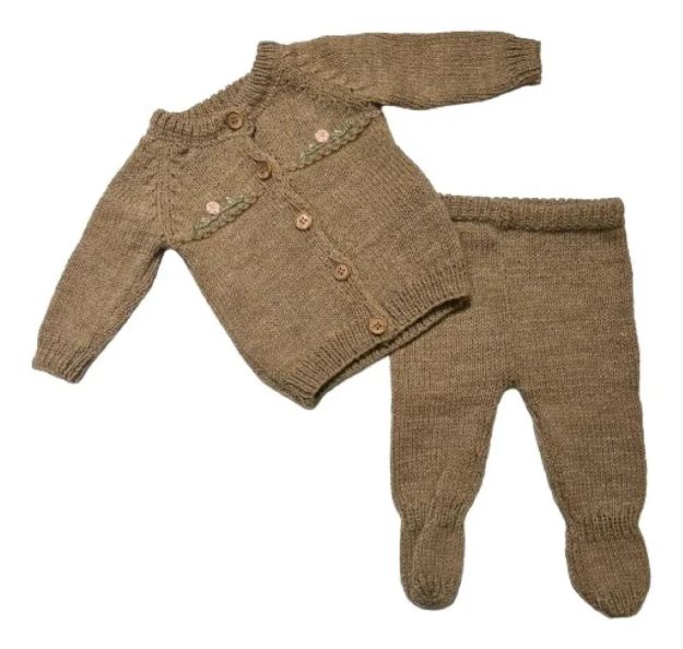 Imagen de Conjunto Tejido A Mano Saco Y Pelele Con Pie Hipoaler Bebes  - Beige - Recién nacido