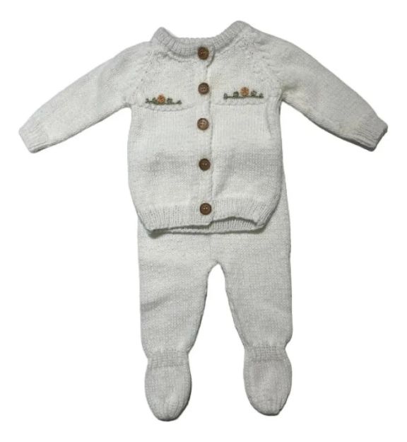 Imagen de Conjunto Tejido A Mano Saco Y Pelele Con Pie Hipoaler Bebes  - Blanco - 0-3 meses