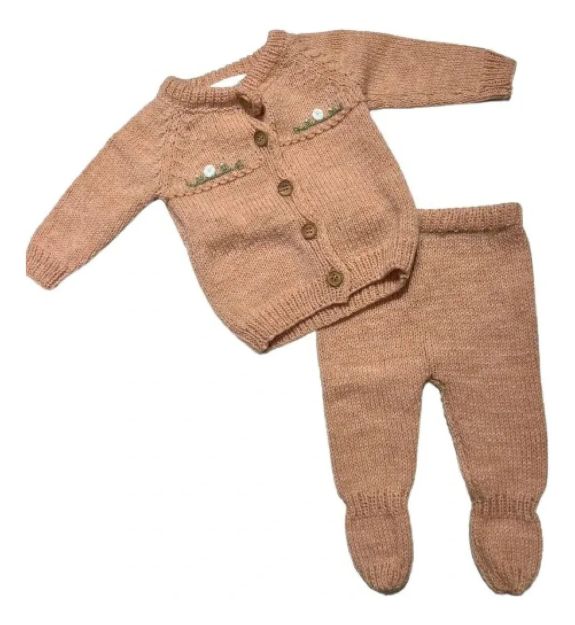 Imagen de Conjunto Tejido A Mano Saco Y Pelele Con Pie Hipoaler Bebes  - Salmón - 0-3 meses