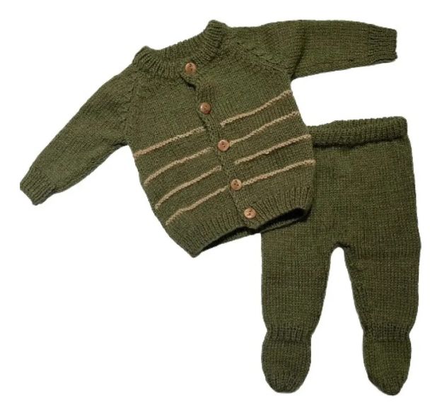 Imagen de Conjunto Tejido A Mano Saco Y Pelele Con Pie Hipoaler Bebes  - Verde - Recién nacido