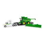 Imagen de Cosechadora John Deere S80 a escala 1:64 con semirremolque y plataforma baja - Set de juego de camión de juguete