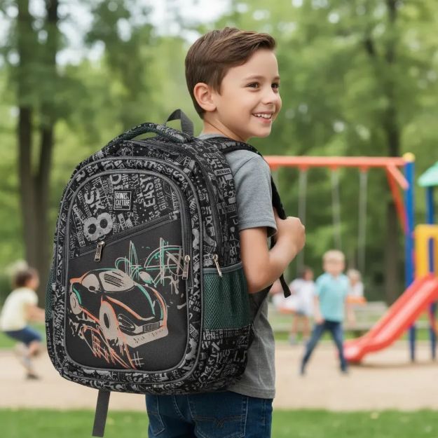 Imagen de Mochilas Infantil Grande Escolar Bolsillos Tamaño 46x30x15cm - Negro - Auto